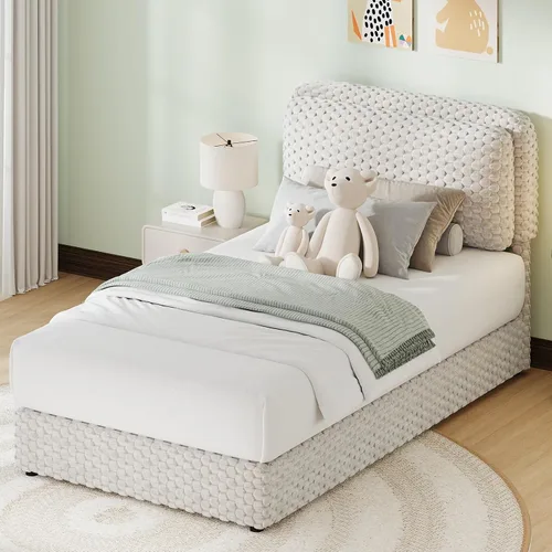 REVOMINCA Marco de cama tamaño individual, marco de cama de nube con 2 cabeceras de almohada suaves, marco de cama tapizado de felpa de piel Crema