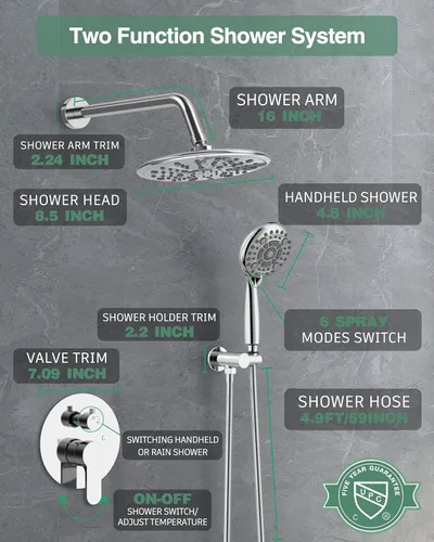 Miniatura 6 de SunCleanse Sistema de grifo de ducha de lluvia, combo de cabezal de ducha de 8.5 pulgadas con juego completo de ducha de mano de 7 ajustes, Cromo