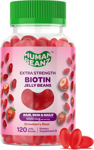 Human Beanz Biotin Jelly Bean Vitaminas gomosas, biotina extra fuerte para cabello, piel y uñas, 5000 mcg por porción, vitaminas para el crecimiento