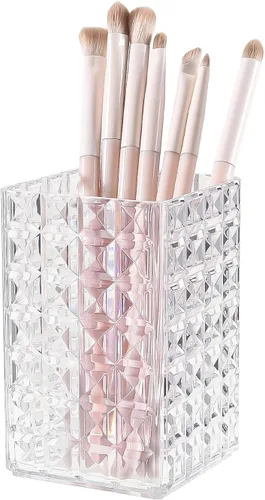DASITON Organizador de brochas de maquillaje, taza de brochas de maquillaje acrílica, soporte para brochas de maquillaje a rayas de diamante para