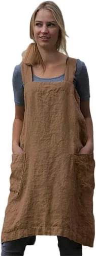 Miniatura 31 de Larmliss Delantal tipo pinafore cuadrado para mujer, para hornear, cocinar, jardinería, con espalda cruzada, mezcla de algodón/lino, con 2 bolsillos