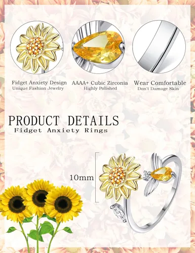 Miniatura 2 de Akeoqi Anillos giratorios para la ansiedad, para aliviar el estrés, tamaño ajustable, diseño abierto, anillo giratorio con incrustaciones