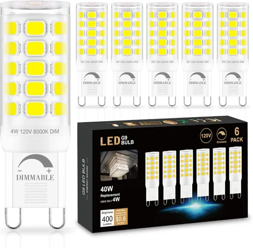 Miniatura 18 de Bombilla LED G9 regulable de 2700 K blanco cálido suave, paquete de 6, T4 G9 de 4 W de reemplazo para 40 vatios de halógeno, base cerámica de doble