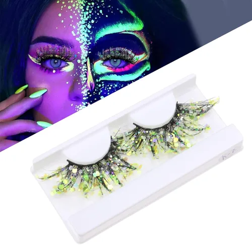 Miniatura 7 de 2 pares de pestañas luminosas con purpurina 3D de color Cosplay Anime pestañas con lentejuelas, pestañas dramáticas exageradas de 0.98 pulgadas