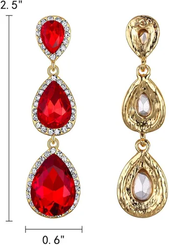 Miniatura 3 de EleQueen Aretes de cristal austriaco dorado con forma de lágrima de pera de 2.5 pulgadas de largo, color esmeralda, Cristal