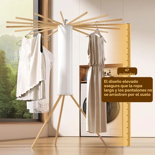 Miniatura 6 de Trípode plegable para secado de ropa, madera de haya y soporte de lavandería portátil, colgador plegable que ahorra espacio con 16 brazos