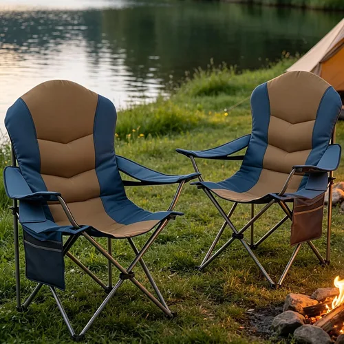 Miniatura 10 de Sillas plegables de camping para adultos, sillas de césped acolchadas con respaldo alto para exteriores con soporte lumbar y soporte para tazas