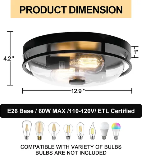 Miniatura 3 de Luz de techo de montaje empotrado Luminzone con pantalla de vidrio transparente, 2 luces, iluminación de estilo granja para interior y exterior