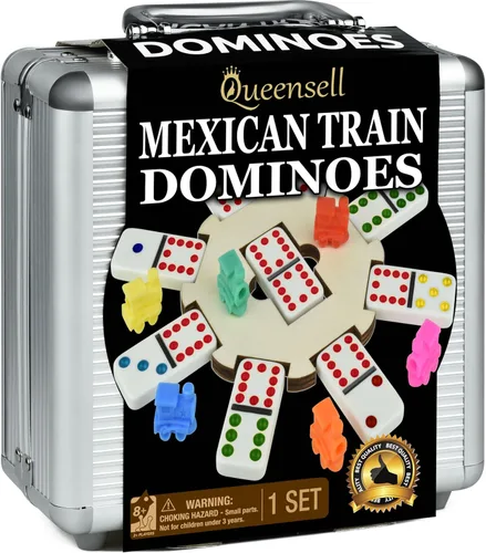 Queensell Juego de dominó de tren mexicano con cubo de madera, juegos de mesa de azulejos de dominó – Juego de dominó doble de 12 juegos para la