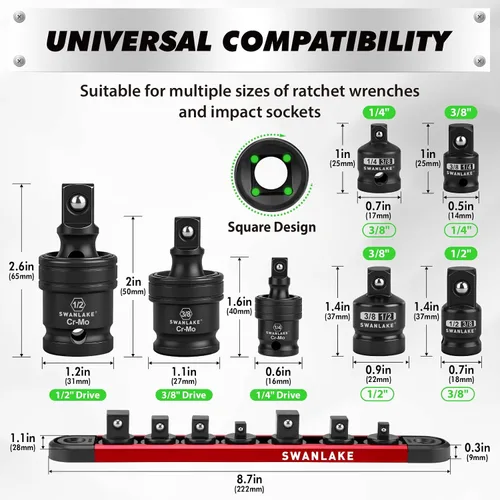 Miniatura 2 de SWANLAKE GARDEN TOOLS Juego de adaptadores giratorios de impacto de 7 piezas, 1/4" 3/8" 1/2" Drive Universal Joint Socket Set CR-MO Steel, reductor