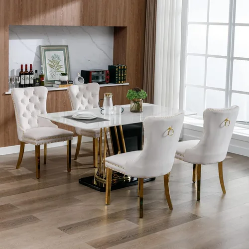 Miniatura 8 de Juego de 2 sillas de comedor de terciopelo, sillas decorativas tapizadas con patas de metal dorado, ribete de cabeza de clavo, tirador de anillo