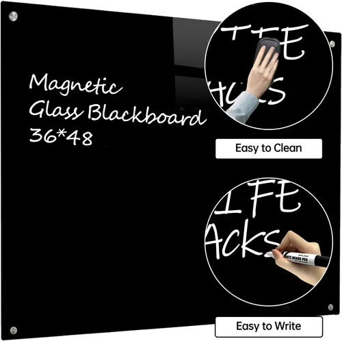Miniatura 2 de Pizarra de Vidrio Negro Magnética de Borrado en Seco - Pizarra Negra de 48 x 36 Pulgadas Montada en Pared de Vidrio, Pizarra de Vidrio Negro Grande