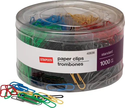 Staples; Clips de papel recubiertos de vinilo de tamaño #1, 1000/tina