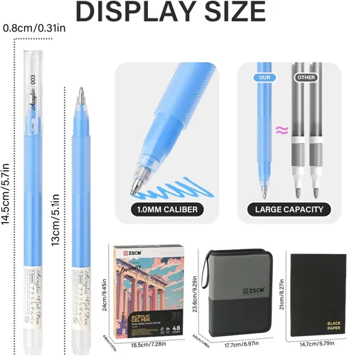 Miniatura 3 de ZSCM Bolígrafos de gel acrílico 3D de 48 colores y cuaderno de bocetos de papel negro para dibujo, bolígrafo de tinta acrílica de punta fina