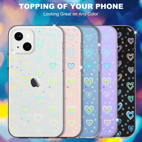 Miniatura 3 de Jusy Compatible con iPhone 13 Pro, funda holográfica con diseño de corazón iridiscente y transparente Kawaii para mujer, diseño de arco iris
