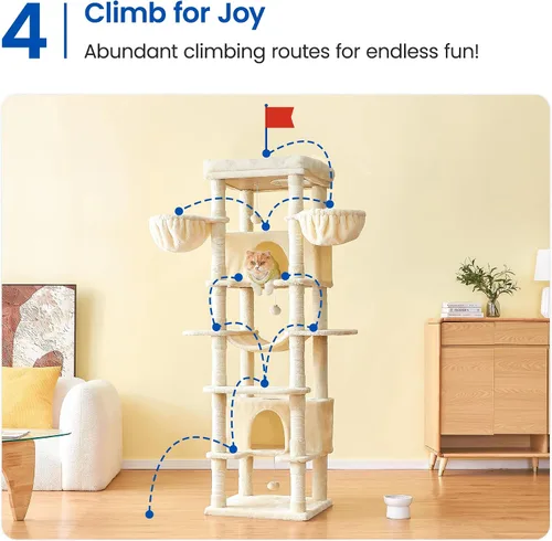 Miniatura 7 de MWPO - Árbol grande para gatos, torre de 67.7 pulgadas de altura para gatos de interior con 2 condominios, soporte de varios niveles con 3 hamacas