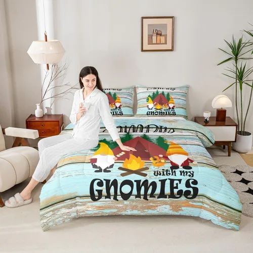 Miniatura 4 de Juego de ropa de cama de campamento para niños, tamaño individual, juego de edredón de gnomos kawaii para niños y niñas, edredón vintage de madera