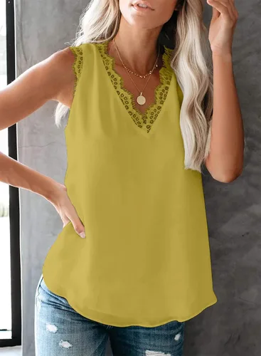 Miniatura 157 de VIISHOW - Camiseta sin mangas, sexy, con cuello en V y bordes de encaje para mujer, camisola de vestir, camisas de gasa, sin mangas, casuales