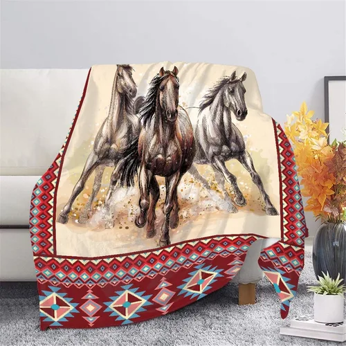 CLOHOMIN Manta de animales de caballo nativo americano para cama, sofá, viajes, azteca, navajo, silla de montar del suroeste, manta de felpa de