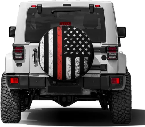 Miniatura 2 de Cubierta de llanta de repuesto con bandera de línea roja delgada de bombero patriótico de Estados Unidos, para remolque, RV, SUV y muchos vehículos