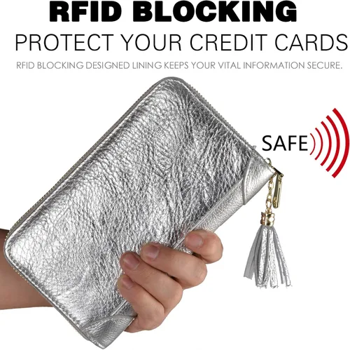 Miniatura 4 de Easyoulife - Monedero de cuero con cremallera, billetera portatarjetas para mujer, bloqueo RFID