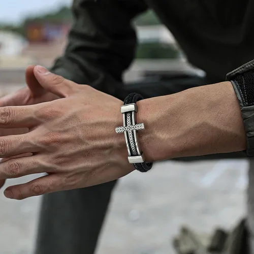 Miniatura 4 de Pulsera de cuero con cruz para hombre, de acero inoxidable, religiosa y religiosa con cruz lateral, pulsera de oración cristiana, regalo para hombres