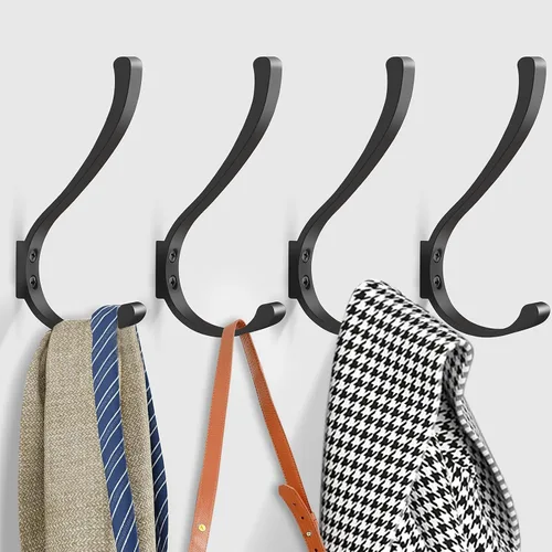 Dntorx Paquete de 4 ganchos de pared, ganchos negros grandes de 5.6 pulgadas, ganchos negros de montaje en pared, ganchos de metal para toallas,