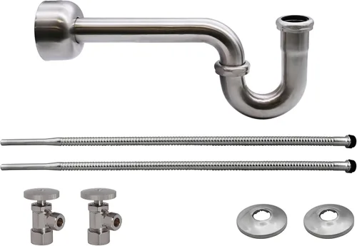 Miniatura 13 de Westbrass A1538L-62 Kit de línea de suministro para lavabo de pedestal con trampa P y topes angulares de mango redondo, negro mate Oil Rubbed Bronze