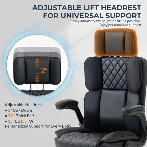 Miniatura 3 de Silla de oficina con reposacabezas ajustable, silla de escritorio ejecutiva de cuero para oficina en casa, con brazos abatibles y soporte lumbar