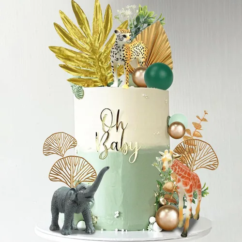 Miniatura 5 de 26 piezas de decoración de pasteles de animales de la selva, figuras de animales de safari, palmeras doradas, selva salvaje, animales salvajes
