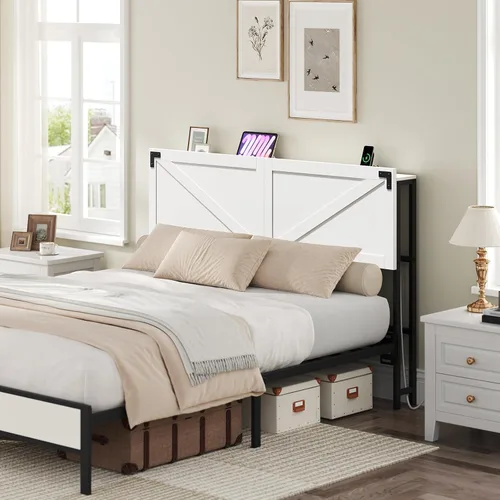 MAHANCRIS Cabecera Solo Tamaño Queen, Cabecera con 2 Tomacorrientes y 4 Puertos USB, Cabecera Estilo Granja, con Luces LED, Almacenamiento Seguro