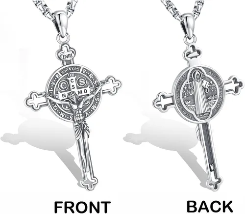 Miniatura 4 de Eusense - Collar con colgante de plata de ley 925 de San MiguelSan Benito para hombres y mujeres con cruz de Jesúsmedalla milagrosa de la Virgen