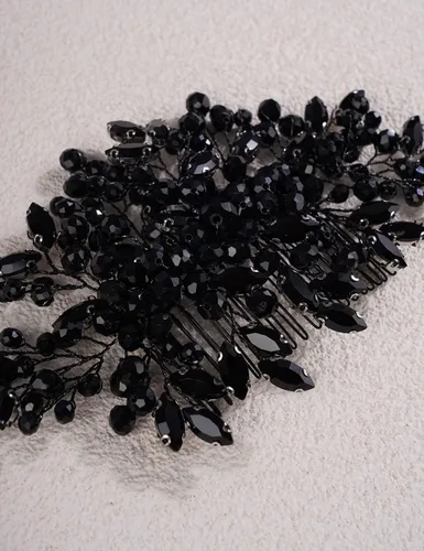 Miniatura 4 de Jumwrit Diadema hecha a mano con diamantes de imitación y cuentas para el pelo y accesorio de boda para mujeres y niñas (negro)