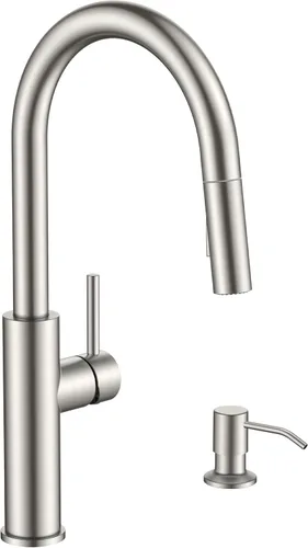 Miniatura 9 de FORIOUS Grifos de cocina con rociador extraíble, níquel cepillado de una sola manija, acero inoxidable de arco alto con placa de cubierta, grifo
