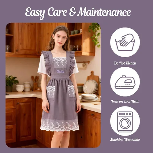 Miniatura 4 de Delantal vintage para mujer con bolsillos, delantales de chef personalizados con nombre para cocina, cocción, hornear, jardinería Gris (Gray Lace)