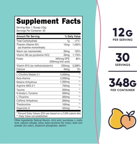 Miniatura 2 de Nutricost Polvo de pre-entrenamiento para mujer, mango melocotón, 30 porciones