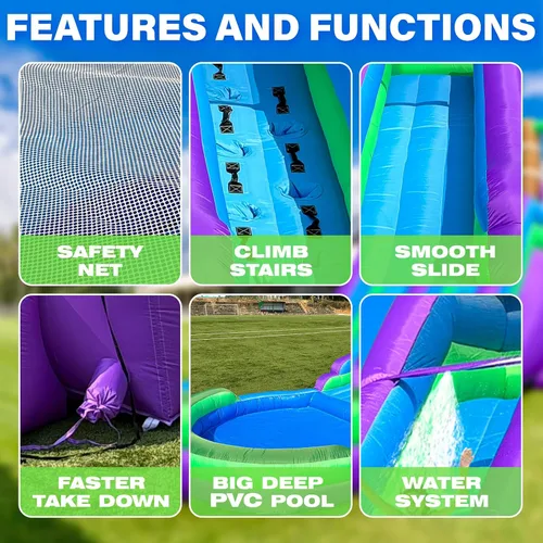 Miniatura 6 de Tobogán acuático inflable de grado para niños y adultos con gran piscina de salpicaduras, 22.5 x 9.84 x 10.6 pies, para fiesta en el patio trasero