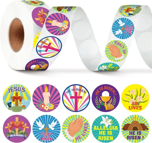 1000 calcomanías de Pascua "He is resucitado" en forma de rollo surtidas de Jesús, cristiano, religioso, cruz religiosa, calcomanías de la Biblia