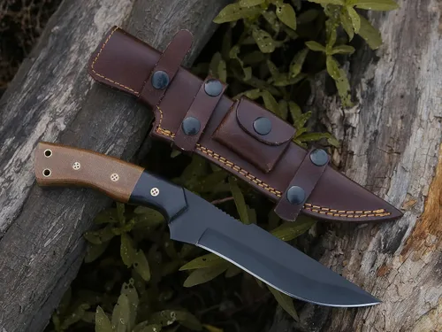 HMC Hecho a mano, cuchillo de acero de alto carbono, hoja libre de óxido con recubrimiento en polvo, cuchillos de caza de hoja fija, cuchillo de