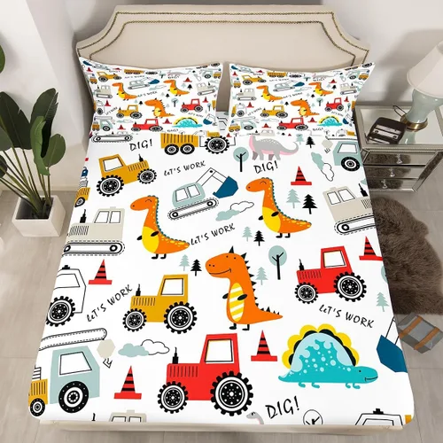 Feelyou, juego de sábanas ajustadas con temática de construcción, niños, dinosaurios de dibujos animados, juego de ropa de cama para niños, Multi 37