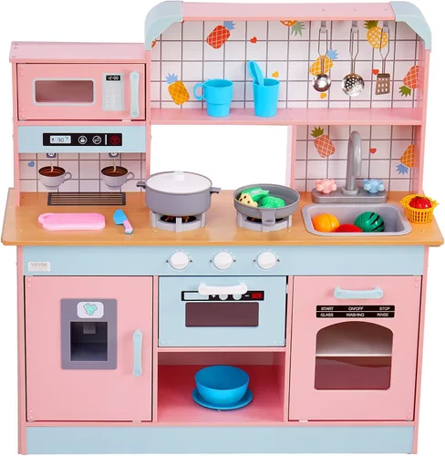 Miniatura 9 de VEVOR Cocina de Juguete de Madera, Cocina de Juego para Niños con Luces y Sonidos, Cocina Infantil con Máquina de Hielo, Horno, Fregadero, Rosa