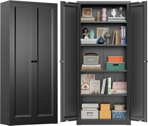 Greenvelly Gabinete de almacenamiento de metal, gabinete de almacenamiento de metal con bloqueo de 63" de alto con puertas y 4 estantes, armarios de