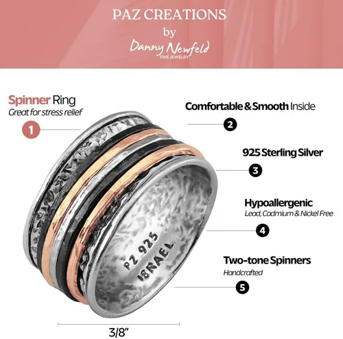 Miniatura 3 de Paz Creations - Anillos giratorios de plata de ley 925 para mujeres y hombres, anillo de meditación de banda gruesa con patrón martillado, joyería