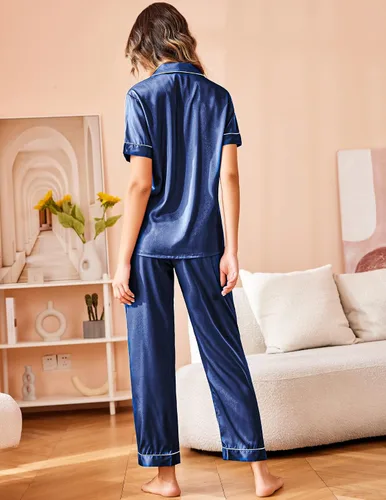 Miniatura 5 de Ekouaer Conjunto de pijama de satén de seda para mujer, ropa de dormir de dos piezas, ropa de dormir de manga corta, suave, con botones