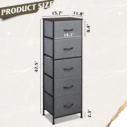 Miniatura 3 de WLIVE Cómoda de tela, cómoda alta de 5 cajones para dormitorio, organizador de almacenamiento con cubos de tela, parte superior de madera, marco