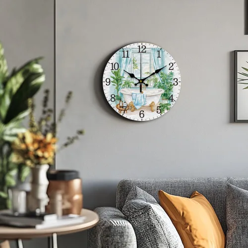 Miniatura 6 de CHGCRAFT Reloj de pared con escena de baño, reloj sin tictac, 12 pulgadas, redondo, decorativo, reloj de pared impreso para decoración de oficina