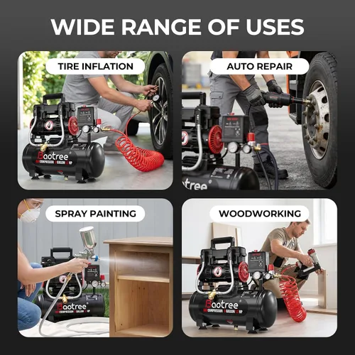 Miniatura 6 de 3 Gallon Ultra Quiet Air Compressor with Two Quick Couplers, 1.2HP MAX 115PSI Oil-Free Air Compressor Steel Tanks, 70dB Air Compressor with Wheels