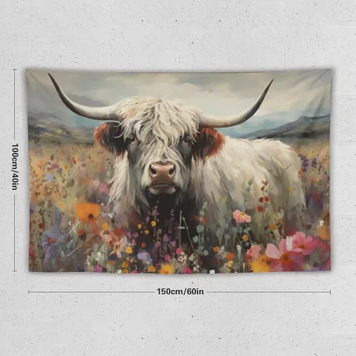 Miniatura 2 de FeoYoed Tapiz de vaca de las montañas para colgar en la pared, estético, lindo y divertido animal, decoración floral, dormitorio, sala de estar