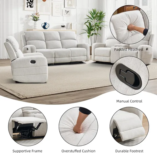 Miniatura 3 de EBELLO Juego de sofá reclinable manual para sala de estar, sofá reclinable de tela suave para sala de reuniones, respaldo y apoyabrazos acolchados