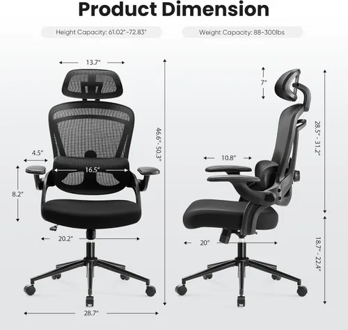 Miniatura 3 de DUMOS Silla de oficina ergonómica, reposacabezas ajustable y soporte lumbar, brazos abatibles, capacidad de 330 libras (negro clásico)